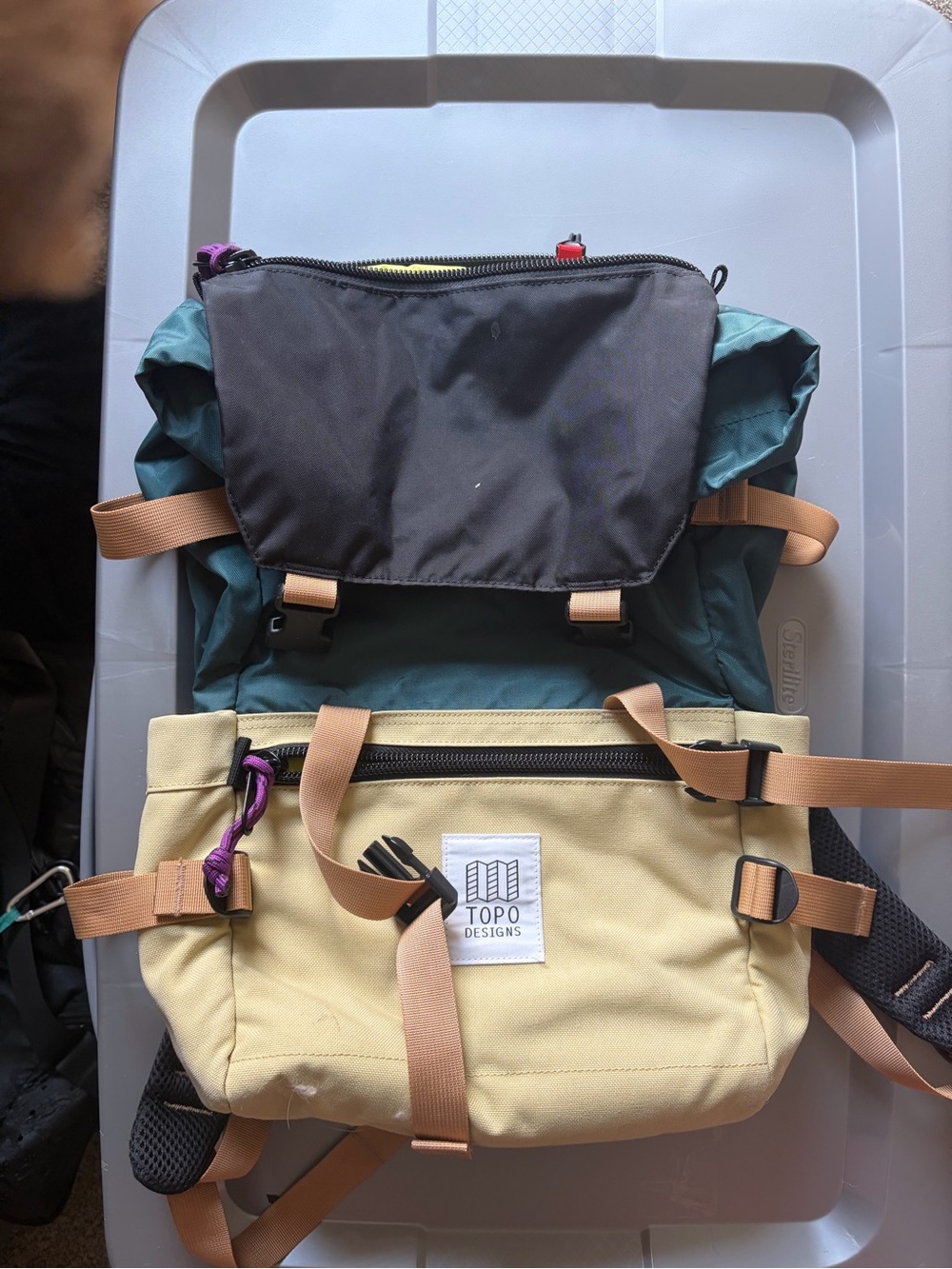 Topo Designs Men’s Colorblock Roll-Top Backpack - Black/Teal/Yellow/Tan